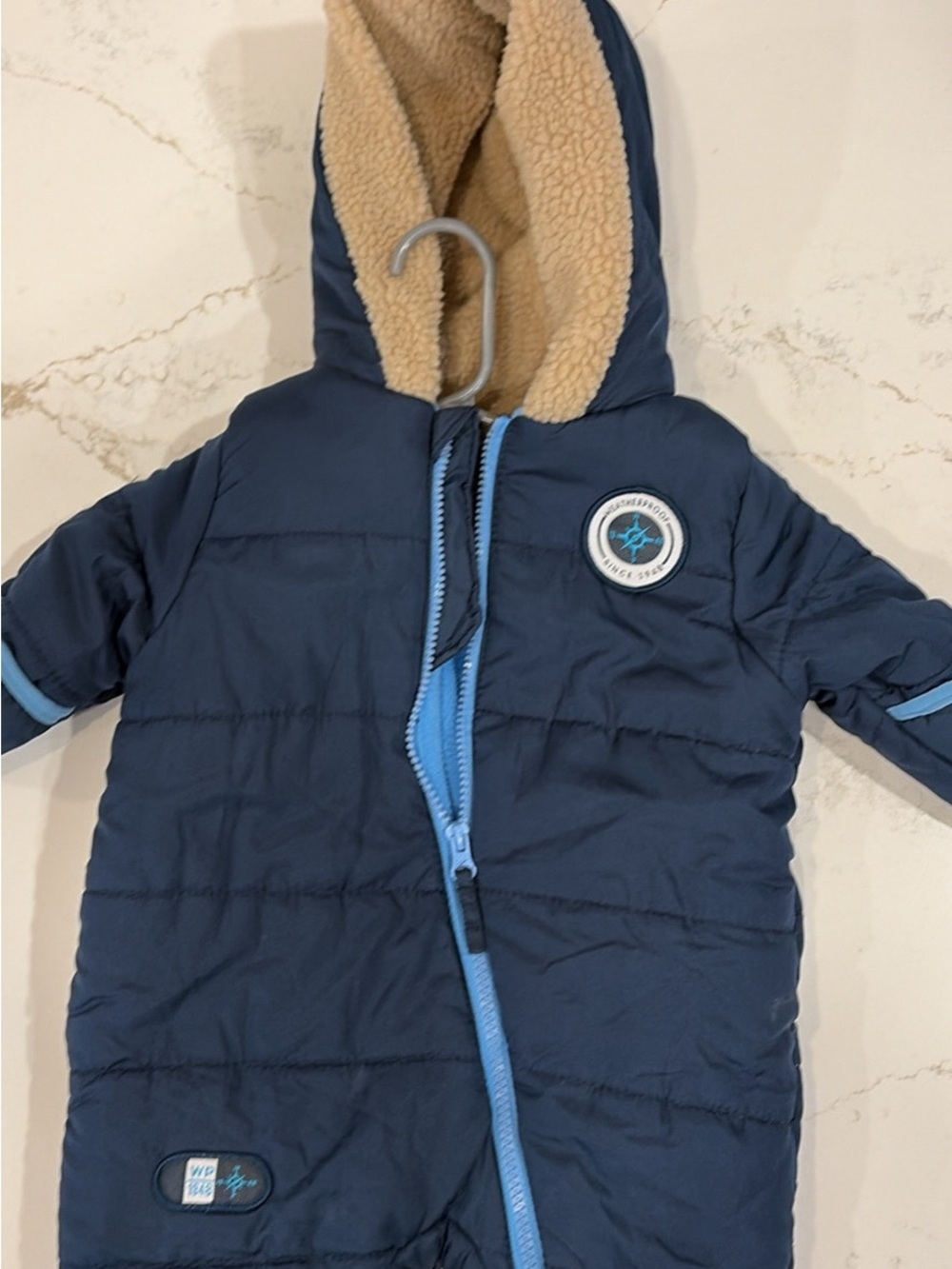 Navy Blue Baby Puffer Snowsuit with Light Blue Trim